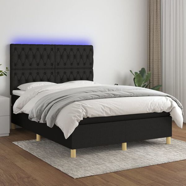 vidaXL Box spring postelja z vzmetnico LED črna 140x190 cm blago
