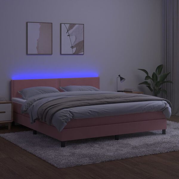 vidaXL Box spring postelja z vzmetnico LED roza 180x200 cm žamet