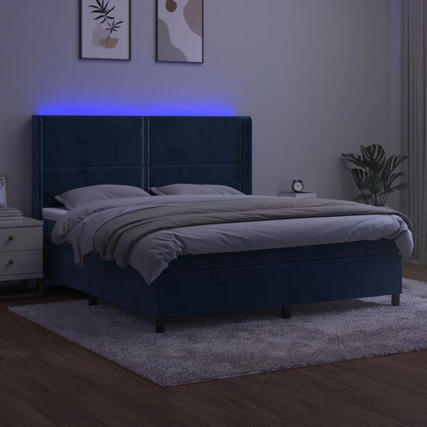 vidaXL Box spring postelja z vzmetnico LED temno modra 180x200cm žamet