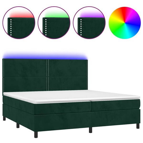 vidaXL Box spring postelja z vzmetnico LED tem. zelena 200x200cm žamet