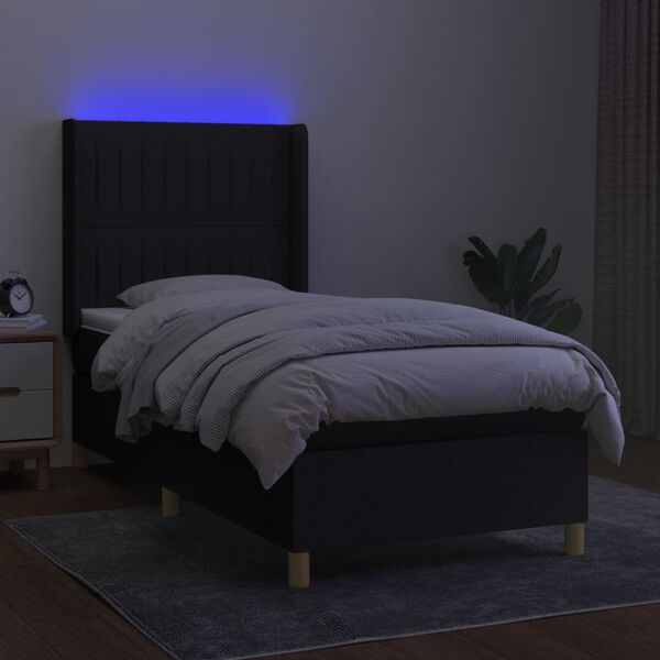 vidaXL Box spring postelja z vzmetnico LED črna 90x190 cm blago