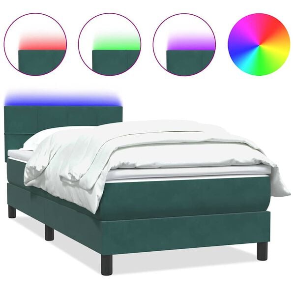 vidaXL Box spring postelja z vzmetnico LED Temno zelena 90x210 cm Velvet