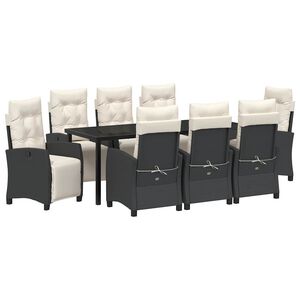 vidaXL Komplet za jedilnico v vrtu z blazino 9 pcs Črna poli ratan