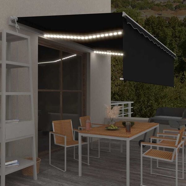 vidaXL Avtomatska tenda s senčilom LED + senzor 5x3 m antracitna