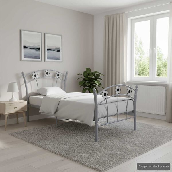 vidaXL Posteljni okvir nogometni dizajn siv kovinski 90x200 cm