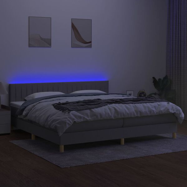 vidaXL Box spring postelja z vzmetnico LED sv. siva 200x200 cm blago
