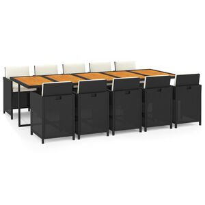 vidaXL Vrtna jedilna garnitura 11-delna z blazinami poli ratan črna