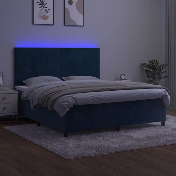 vidaXL Box spring postelja z vzmetnico LED temno modra 180x200cm žamet