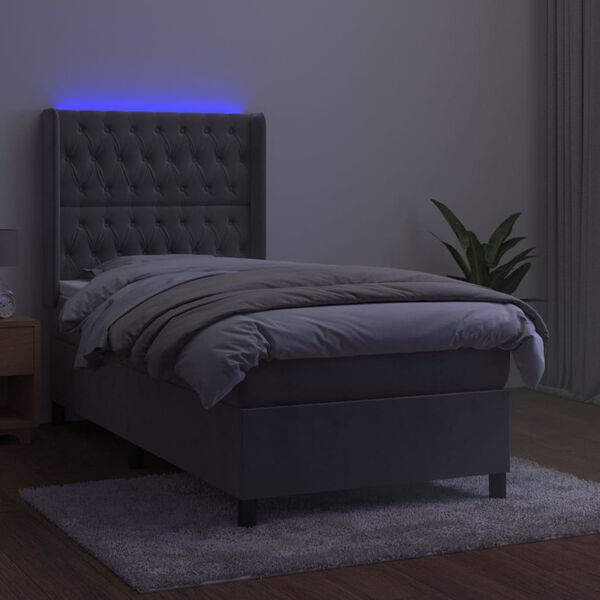 vidaXL Box spring postelja z vzmetnico LED svetlo siva 100x200cm žamet