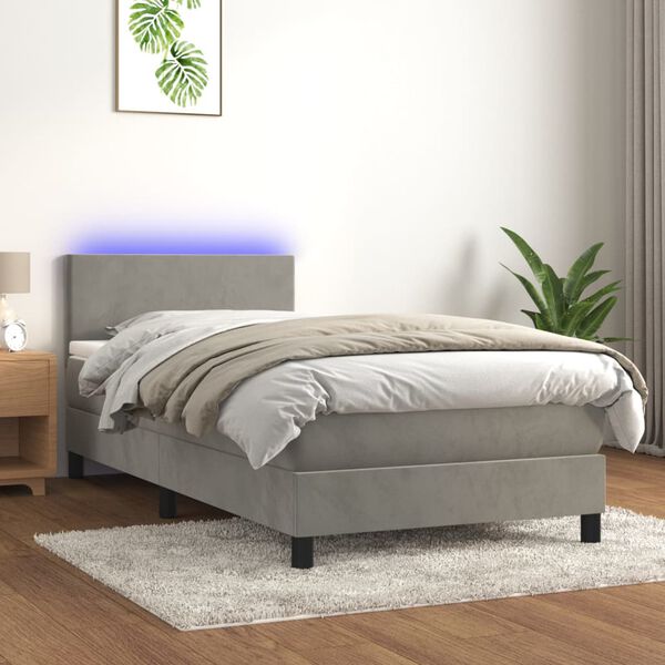 vidaXL Box spring postelja z vzmetnico LED svetlo siva 90x200 cm žamet