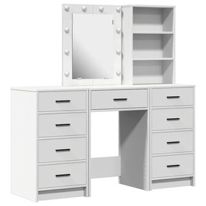 vidaXL Toaletna mizica z zrcalnimi lučmi 3 pcs Bela Konstruiran les