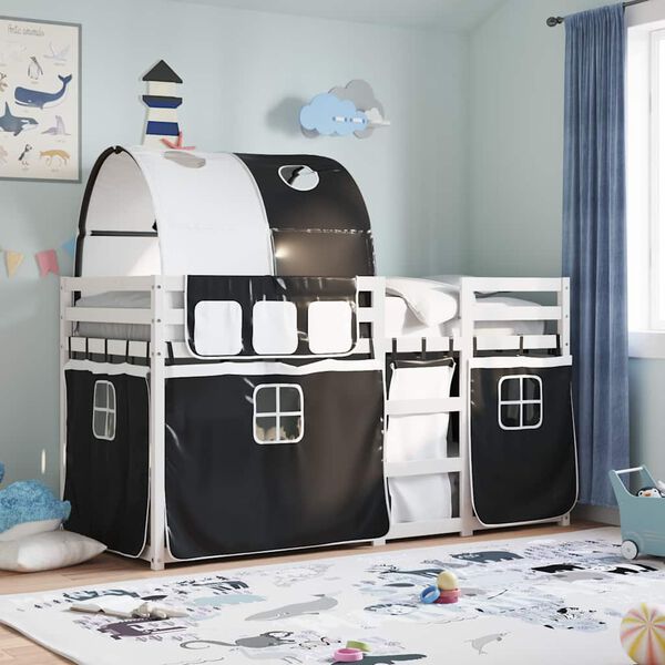 vidaXL Pograd z zavesami bel in črn 90x190 cm trdna borovina