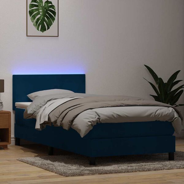 vidaXL Box spring postelja z vzmetnico LED temno modra 90x210 cm žamet