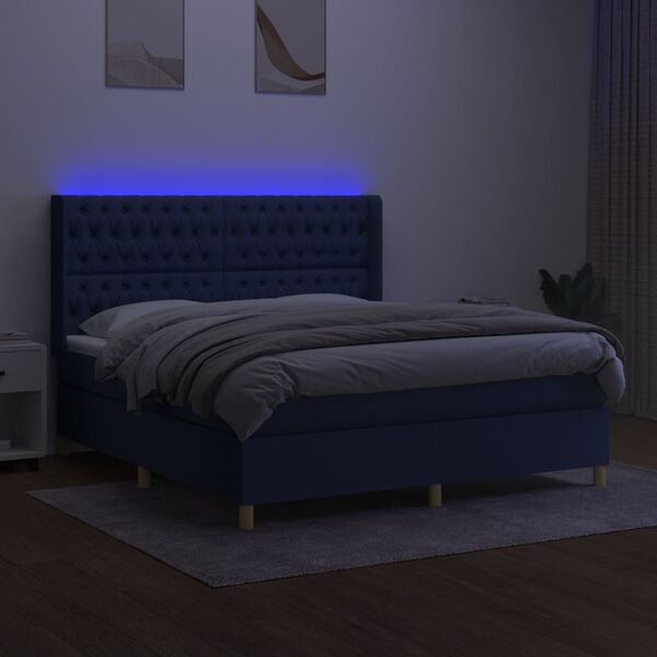 vidaXL Box spring postelja z vzmetnico LED modra 160x200 cm blago