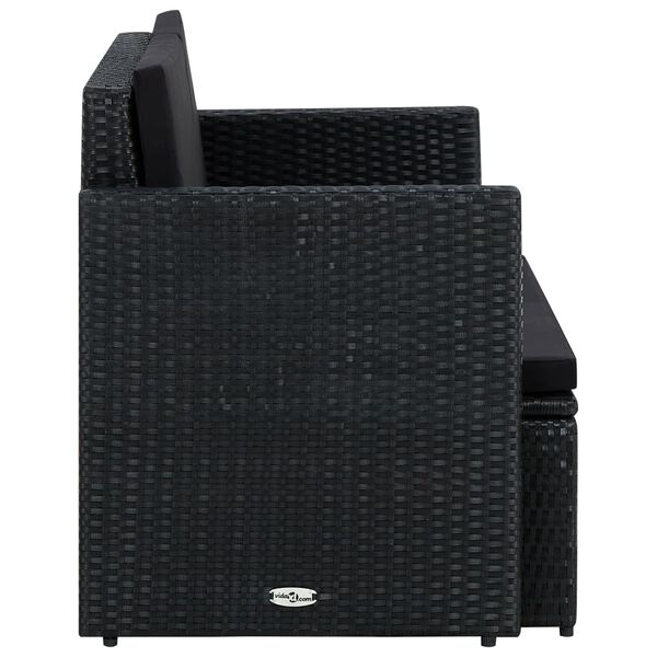 vidaXL Vrtni kavč dvosed z blazinami črn poli ratan