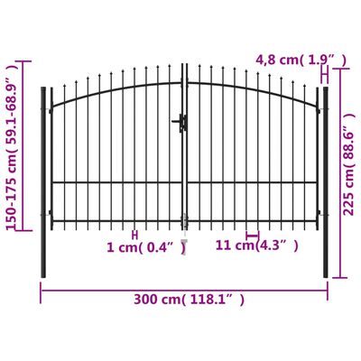 vidaXL Dvojna vrata za ograjo koničasta jeklo 3x1,75 m črna
