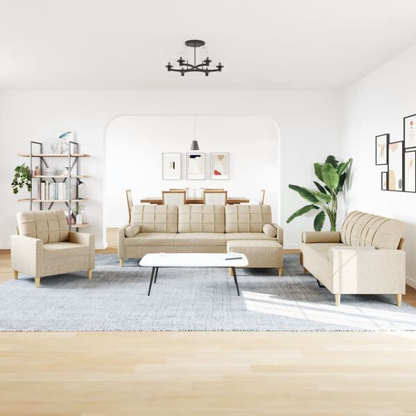 vidaXL Sedežna garnitura 4-delna s stolčkom in blazinami krem blago