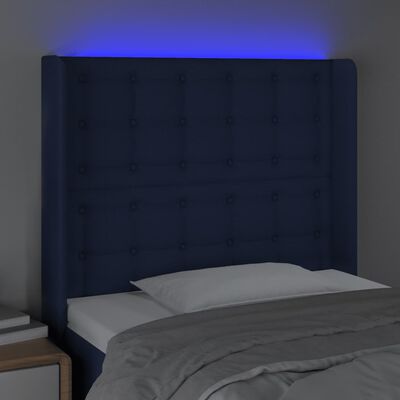 vidaXL LED posteljno vzglavje modro 83x16x118/128 cm blago