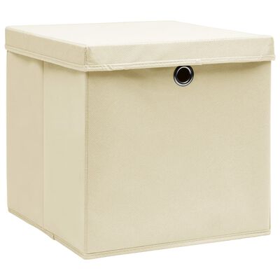 vidaXL Škatle za shranjevanje s pokrovi 10 kos. krem 32x32x32 cm blago