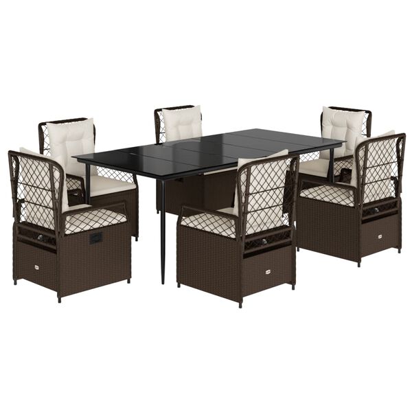 vidaXL Vrtna jedilna garnitura z blazinami 7-delna rjav poli ratan