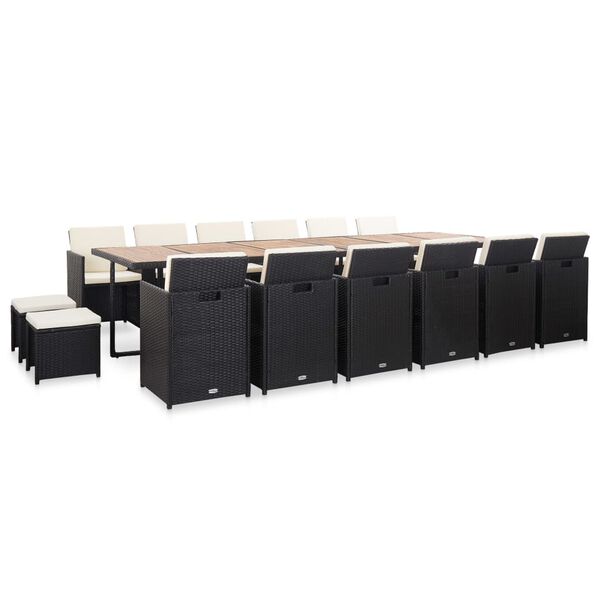 vidaXL Zunanja jedilna garnitura z blazinami 17-delna poli ratan črna