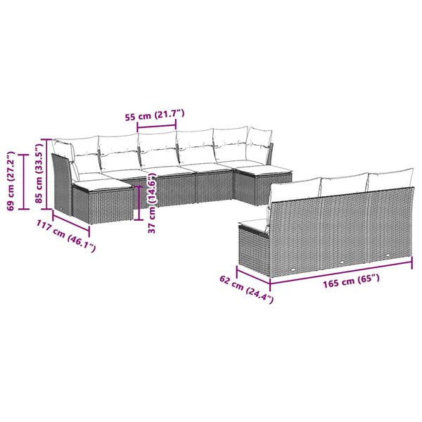 vidaXL Vrtna sedežna garnitura 10-delna z blazinami sv. siv poli ratan
