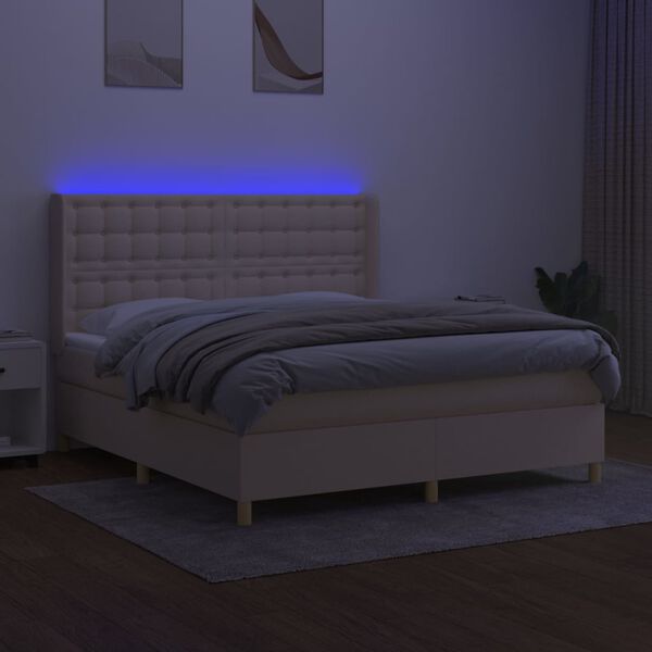vidaXL Box spring postelja z vzmetnico LED krem 160x200 cm blago