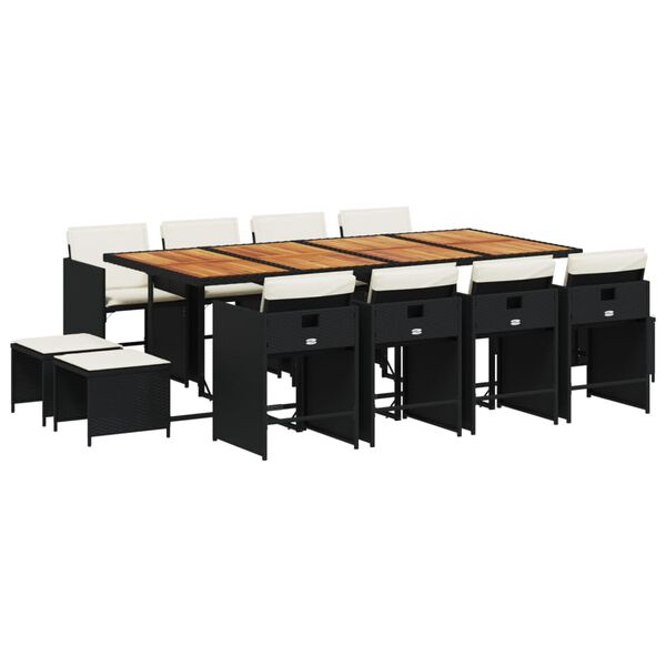 vidaXL Vrtna jedilna garnitura 13-delna z blazinami črn poli ratan