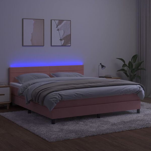 vidaXL Box spring postelja z vzmetnico LED roza 160x200 cm žamet