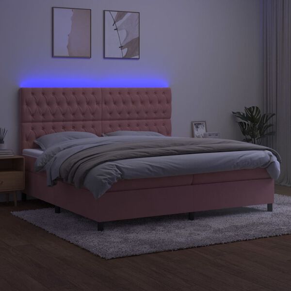 vidaXL Box spring postelja z vzmetnico LED roza 200x200 cm žamet