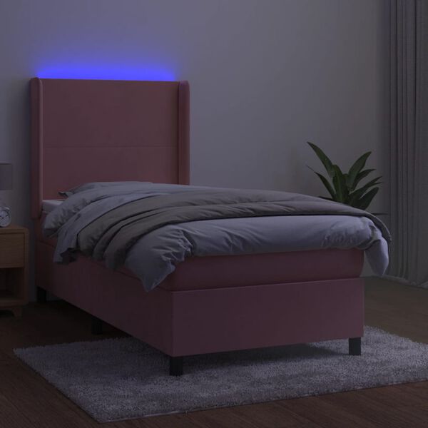 vidaXL Box spring postelja z vzmetnico LED roza 90x200 cm žamet