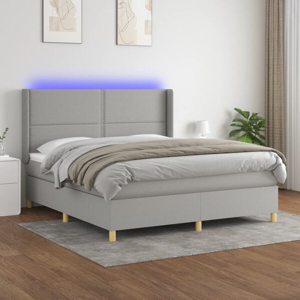 vidaXL Box spring postelja z vzmetnico LED sv. siva 180x200 cm blago