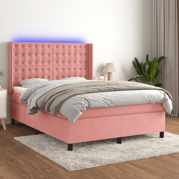 vidaXL Box spring postelja z vzmetnico LED roza 80x200 cm žamet