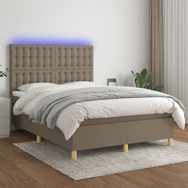 vidaXL Box spring postelja z vzmetnico LED taupe 140x200 cm blago