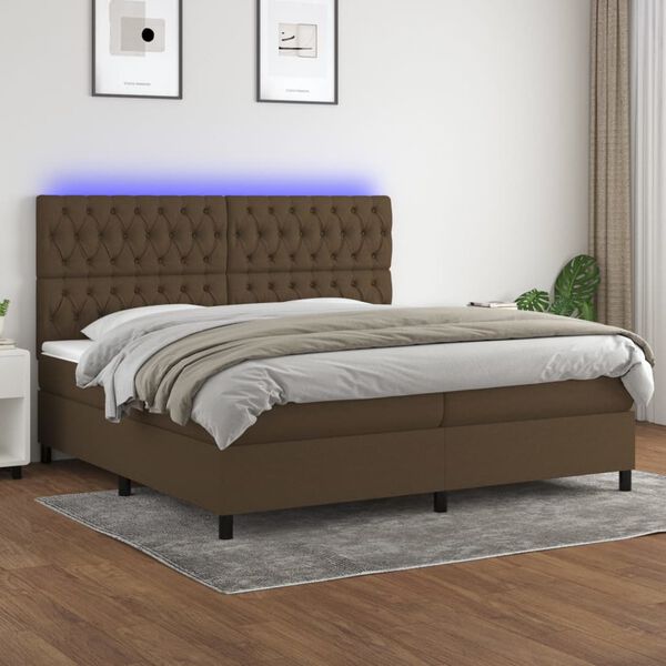 vidaXL Box spring postelja z vzmetnico LED temno rjava 200x200cm blago