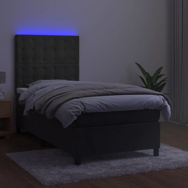 vidaXL Box spring postelja z vzmetnico LED temno siva 90x190 cm žamet