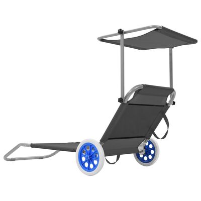 vidaXL Zložljiv ležalnik s streho in kolesi jeklo siv