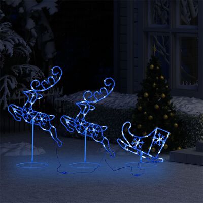 vidaXL Božična leteča jelena in sani akril 260x21x87 cm modre barve