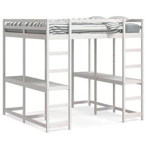 vidaXL Posteljni okvir z mizo in lestvijo bel 140x200 cm borovina