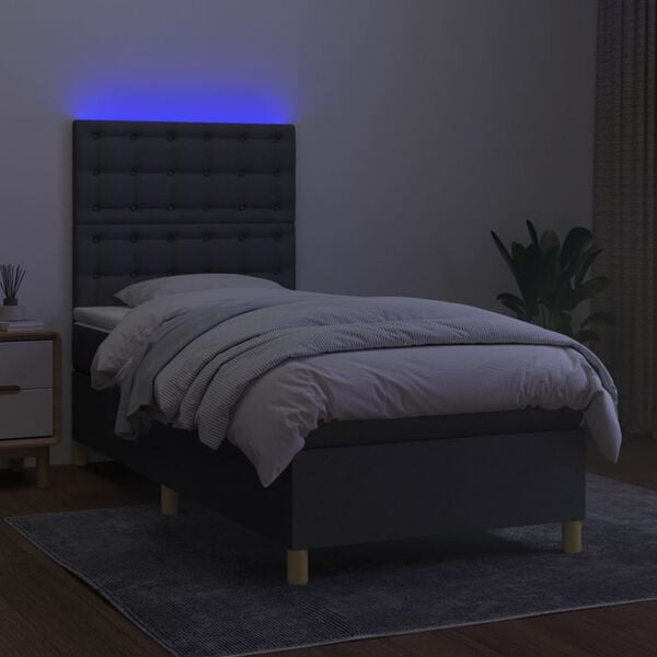 vidaXL Box spring postelja z vzmetnico LED temno siva 90x190 cm blago