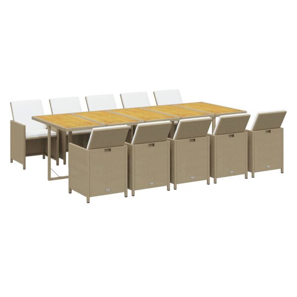 vidaXL Vrtna jedilna garnitura 11-delna z blazinami poli ratan bež