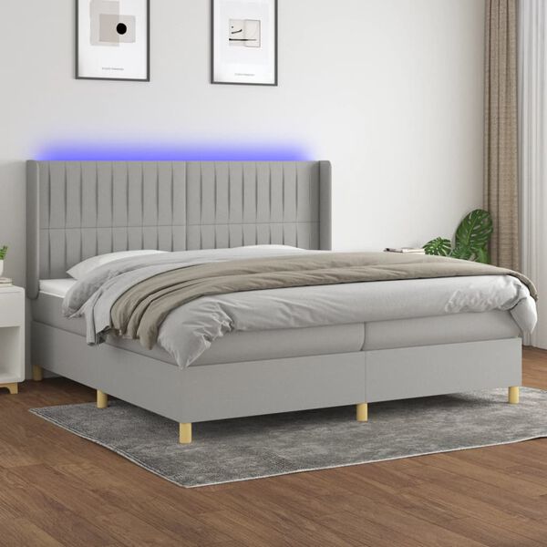 vidaXL Box spring postelja z vzmetnico LED sv. siva 200x200 cm blago