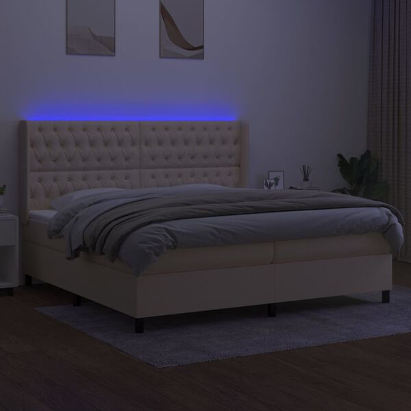 vidaXL Box spring postelja z vzmetnico LED krem 200x200 cm blago