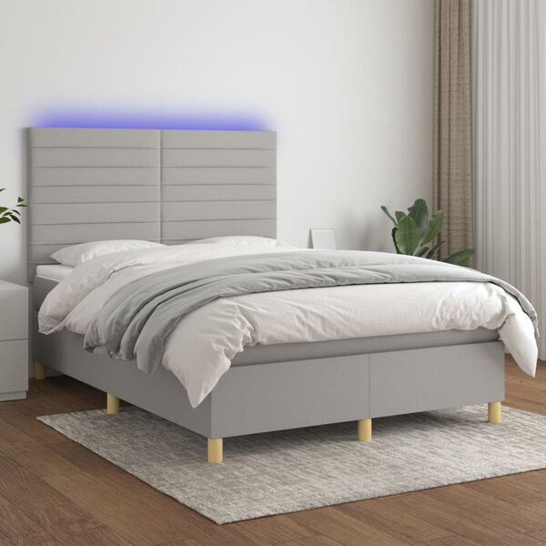 vidaXL Box spring postelja z vzmetnico LED sv. siva 140x200 cm blago