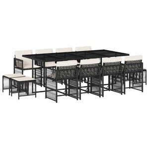 vidaXL Vrtna jedilna garnitura 13-delna z blazinami črn poli ratan