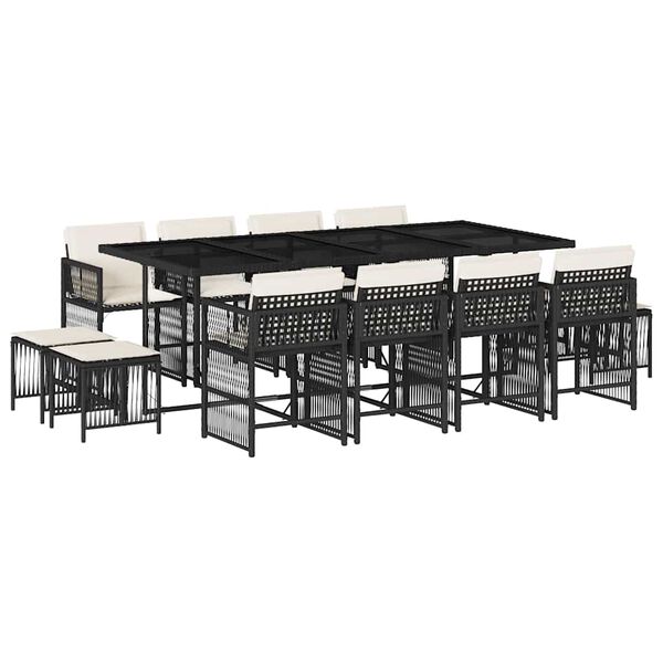 vidaXL Vrtna jedilna garnitura 13-delna z blazinami črn poli ratan