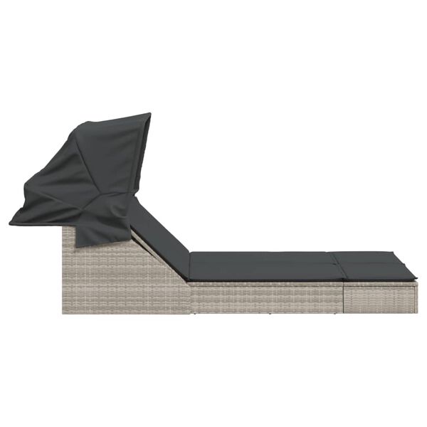 vidaXL Dvojni ležalnik s streho in blazinami svetlo siv poli ratan