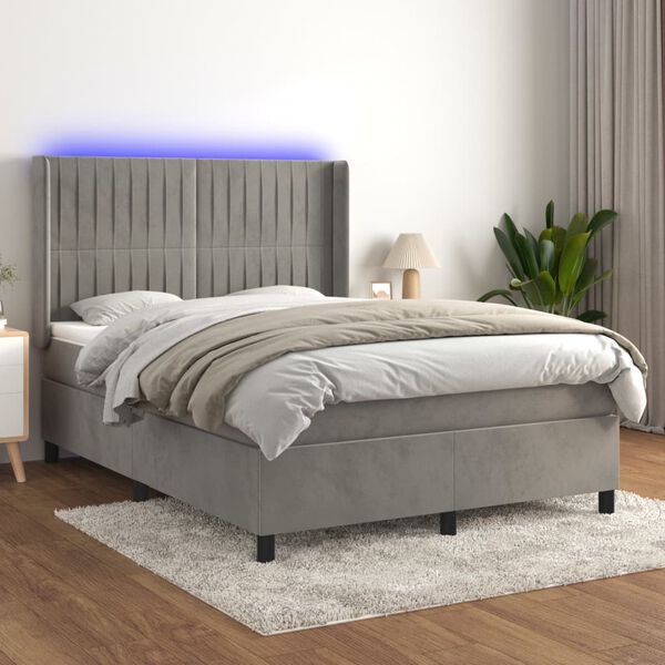 vidaXL Box spring postelja z vzmetnico LED svetlo siva 140x200cm žamet