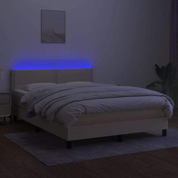 vidaXL Box spring postelja z vzmetnico LED krem 140x190 cm blago