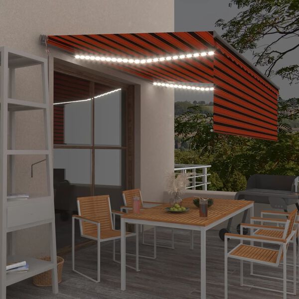 vidaXL Avtomatska tenda s senčilom LED + senzor 4x3 m oranžna in rjava